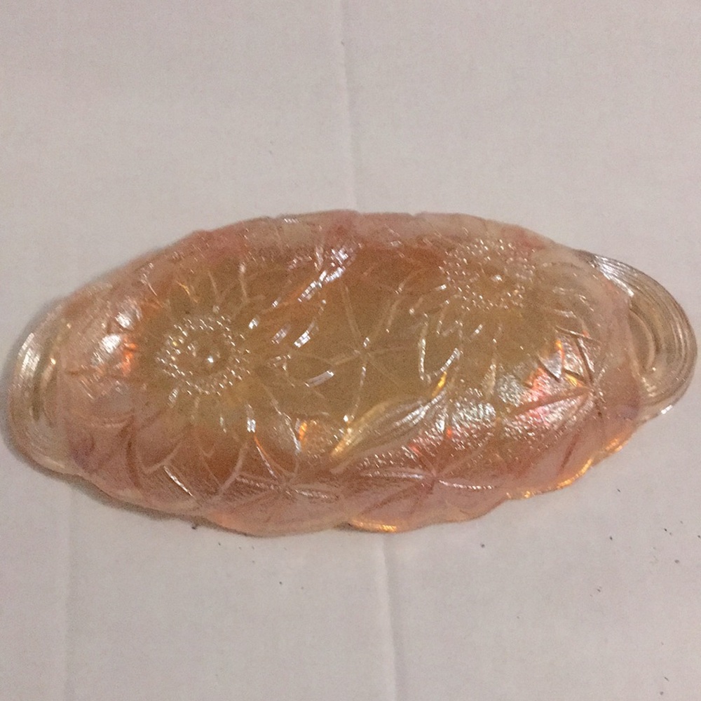Early Sunflower patter carnival glass candle/candy/serving tray Hi iridescence